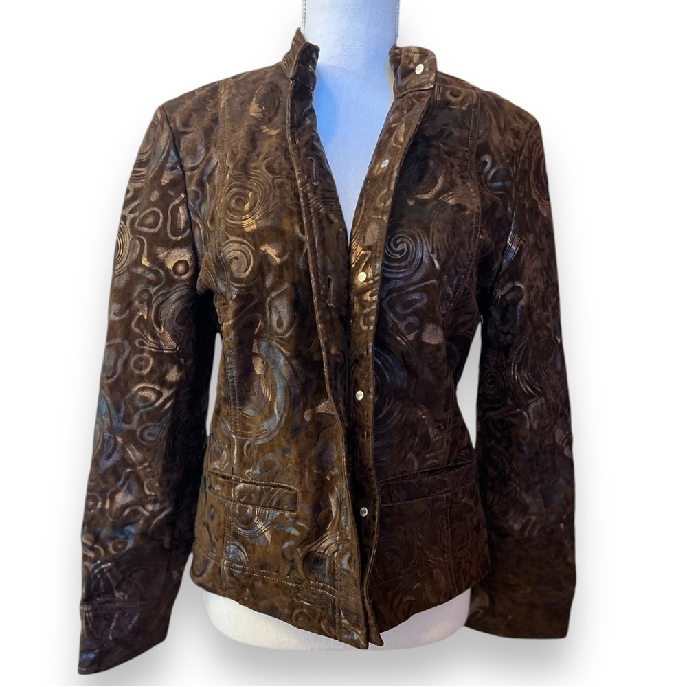 Short Brown/ Gold Tone  Swirled  Faux Suede Lightweight Jacket Blazer Sz M